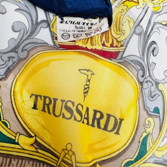 Vgt Trussardy 100% silk Scarf satin & chiffon 62x17" Blue Ivert Gold Flroal (18) - Picture 8 of 8